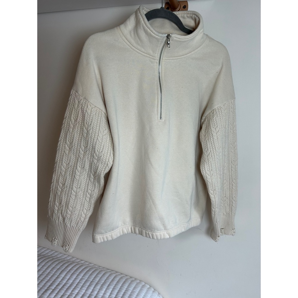 VICI Cream Cable Knit Sleeve Quarter‎ Zip Sweatshirt Pullover Distressed